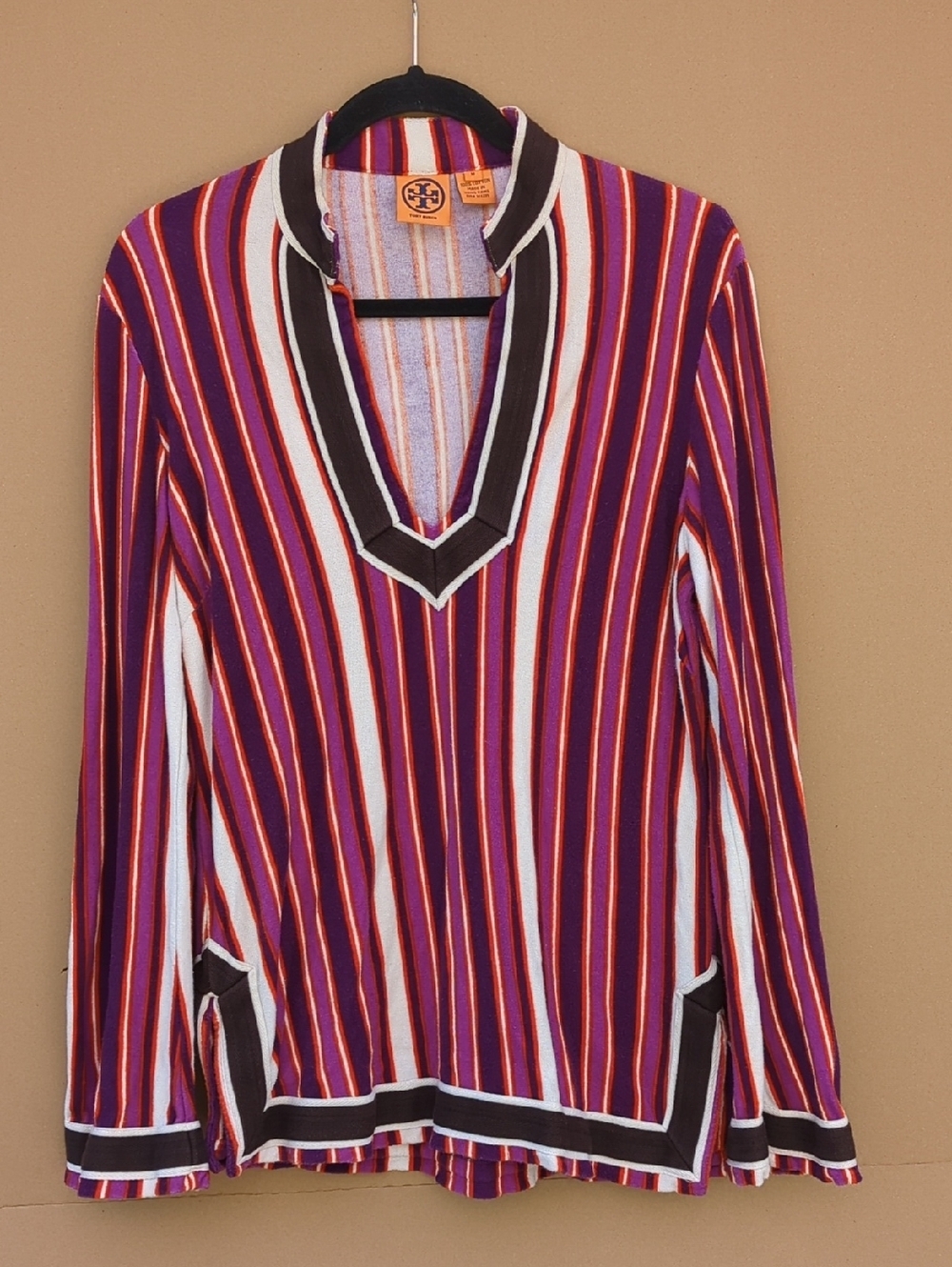 Tory Burch Striped Terry Tunic Top Purple  70s Resort Beach Coverup Mod Rad Rare